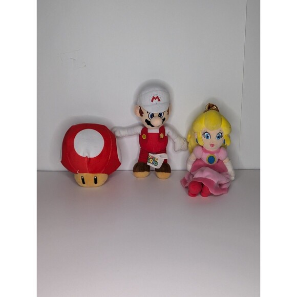 Set 3 Super Nintendo Mario White Hat Red Fire & Princess Peach MushroomPlush Toy - Picture 1 of 16